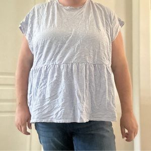 Terra & Sky blue and white striped cotton peplum tee, 3X